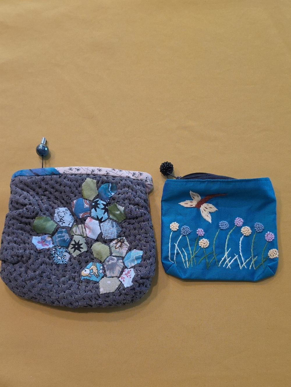 Lot of 2 Handcrafted Pouches 100% Silk Embroidered Dragonfly & Quilted Patchwork
